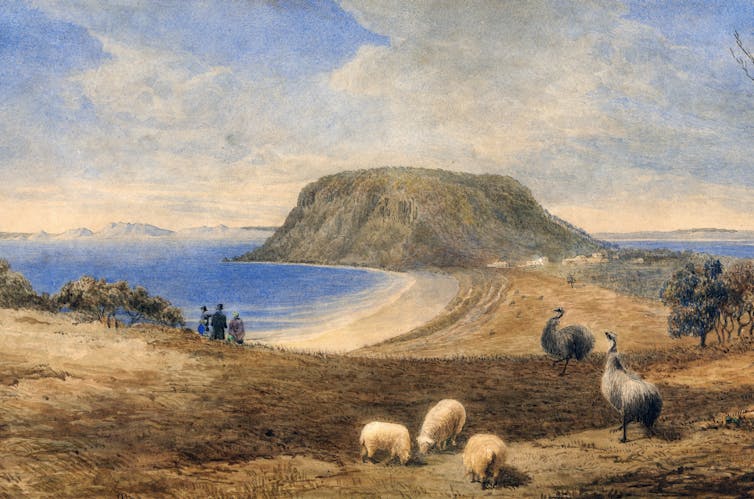 Landscape painting showing sheep and emus in the foreground