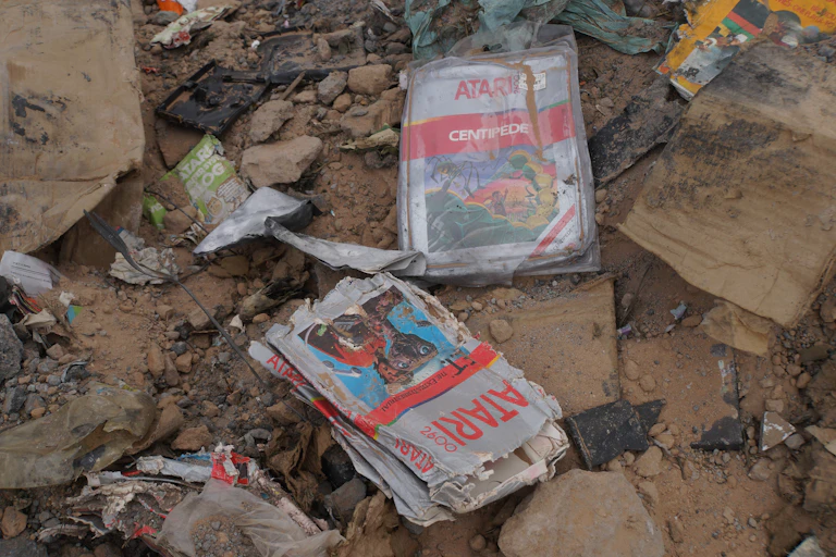 Juegos de Atari aplastados y polvorientos rodeados de suciedad.