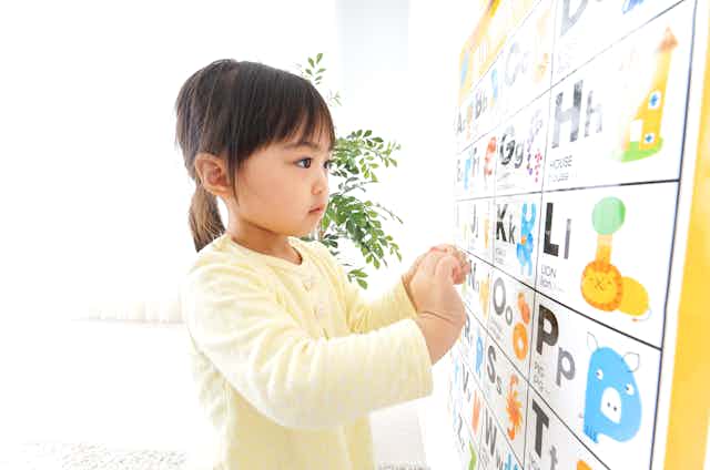 Little girl looking at English alphabet and words on poster