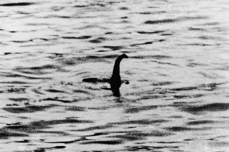 A black and white photograph of the supposed Loch Ness Monster, showing what appears to be a snake-like head and elongated neck bobbing out of the water. The photograph was later revealed to be a hoax.