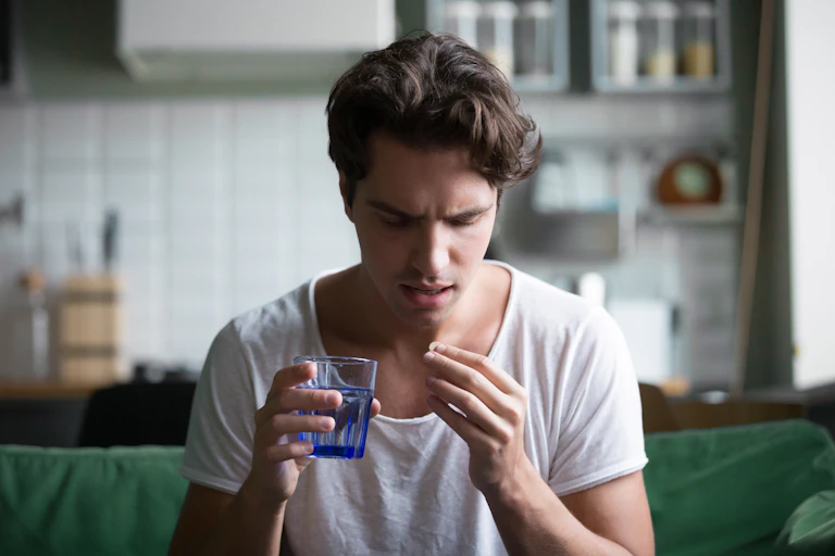 Young man sits on a sofa, holding a glass of water and a tablet
