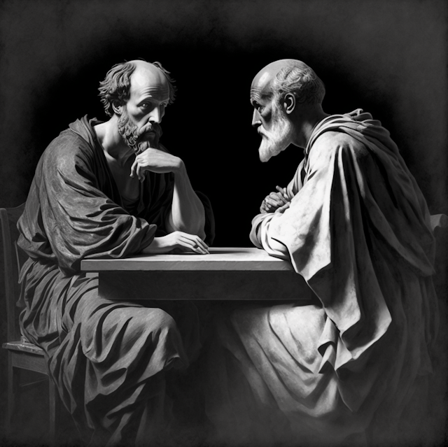 A black and white image of two men in robes sitting at a table. 