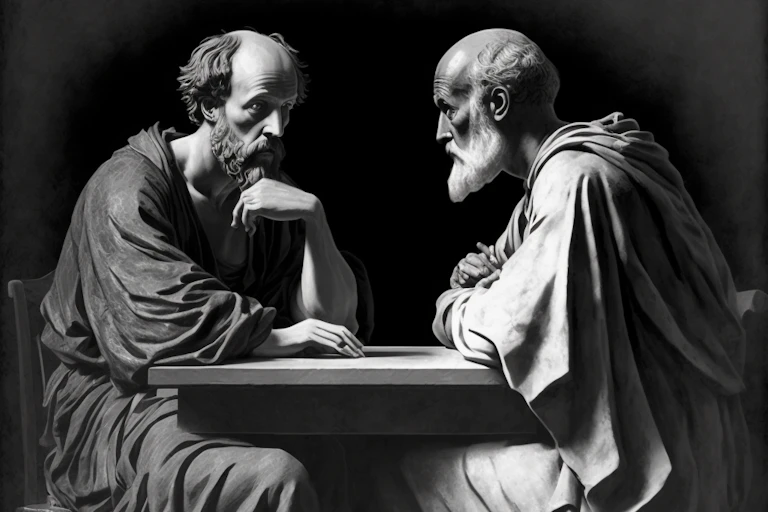 A black and white image of two men in robes sitting at a table.