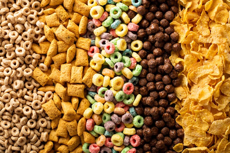 array of different coloured breakfast cereals