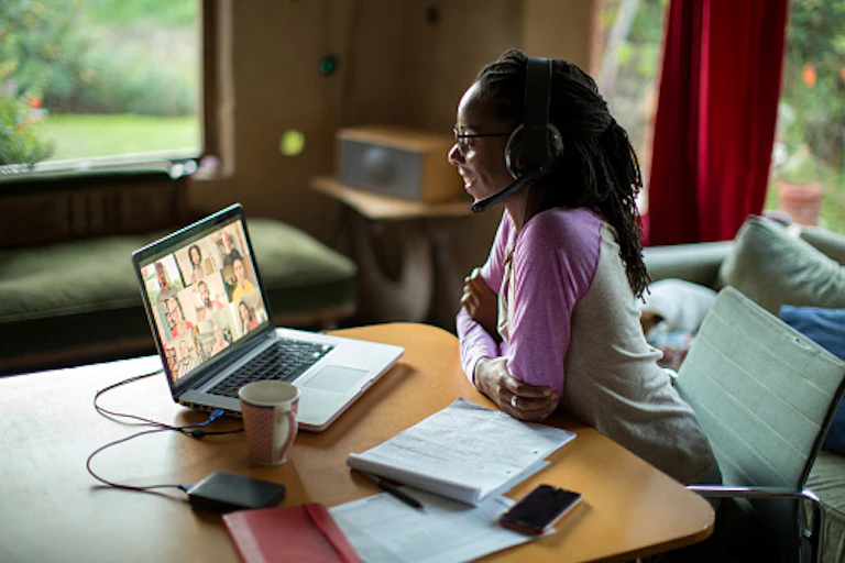 A woman working remotely