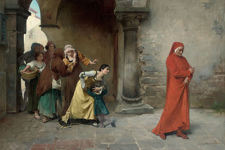 Dante stands on the right side of the painting dressed in red while peasants gather to stare on the left hand side of the painting.