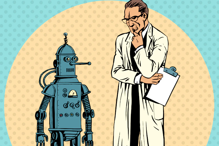 Un scientifique examine un robot