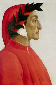 Portrait of Dante in side profile, wearing red robes.