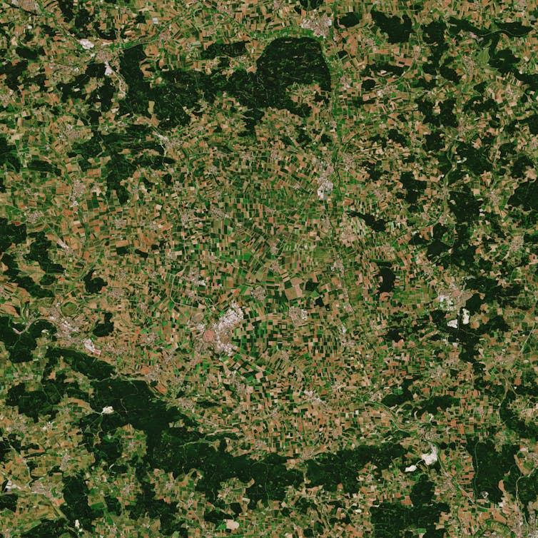 A patchwork image of emerald green and dark white showing a satellite view of Germany