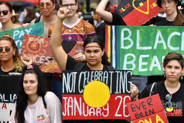 Protesters at an Invasion Day rally in Brisbane, January 26, 2020