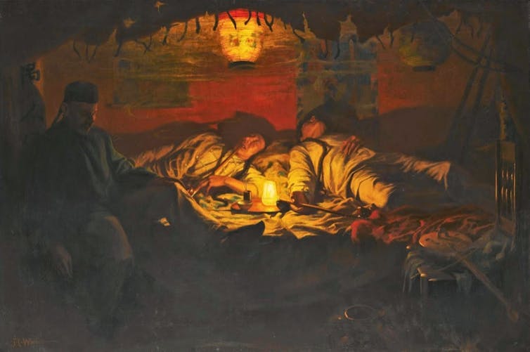 Painting of addicts sprawled in an opium den.