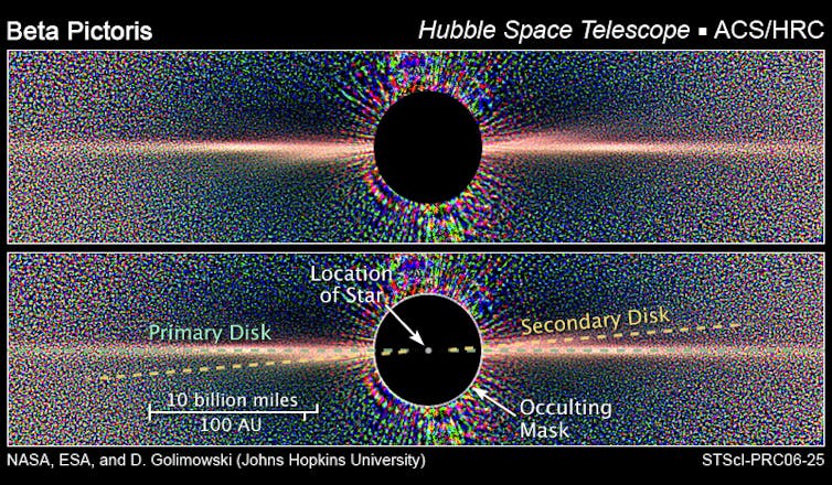 An image of the star from the Hubble Space Telescope show its main debris ring and what appears to be a second ring slightly off tilt.