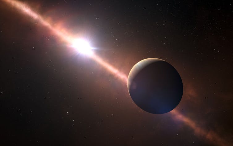 Illustration of a star in the center of a slanted ring of debris shown as glowing against the star's light, with a planet in the foreground.