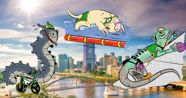 Three mascots – a velvet worm, marsupial mole and Boyd's forest dragon – over a Brisbane skyline