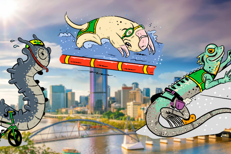 Three mascots – a velvet worm, marsupial mole and Boyd's forest dragon – over a Brisbane skyline