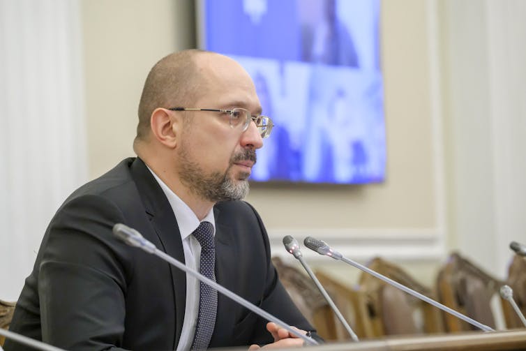 Ukraine's prime minister Denys Shmygal speaks at a press conference.