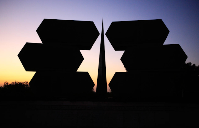 A stone sculpture of the star of David at Yad Vashem in Jerusalem.