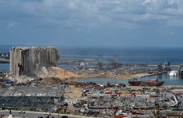 Beirut's port district after the grain silo explostion showing the damage