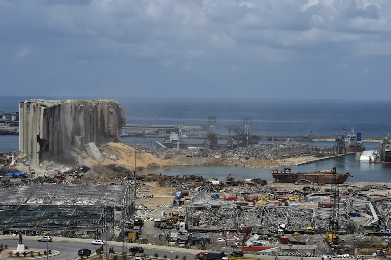 Beirut's port district after the grain silo explostion showing the damage