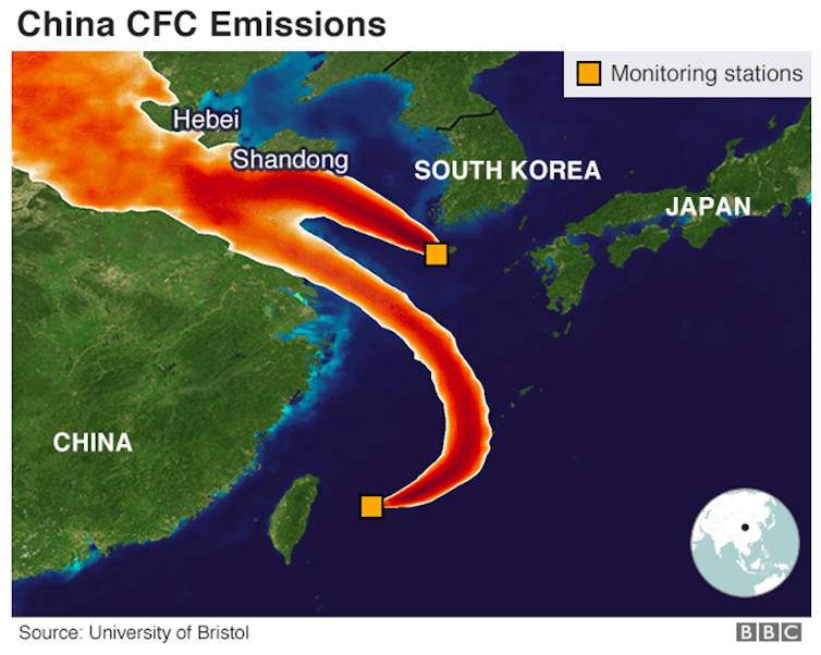 Carte montrant les zones d’émission du gaz CFC-11, dangereux pour la couche d’ozone