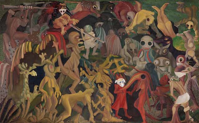 A sprawling painting of entangled human figures, some with animal heads.