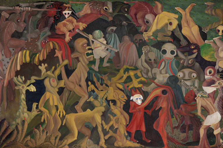 A sprawling painting of entangled human figures, some with animal heads.