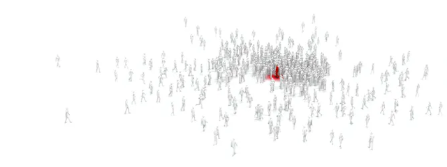 Sekelompok sosok manusia di tengah kerumunan dengan noda merah kecil di tengahnya yang mulai menyebar.