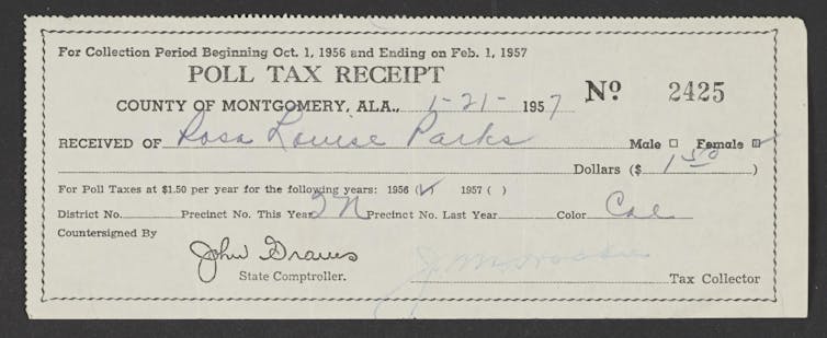 A receipt for a $1.50 poll tax paid in 1957 by Rosa Parks.