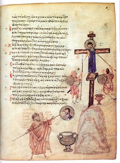 An illustration showing men holding long brushes whitewashing a Crucifixion icon.