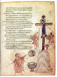 An illustration showing men holding long brushes whitewashing a Crucifixion icon.