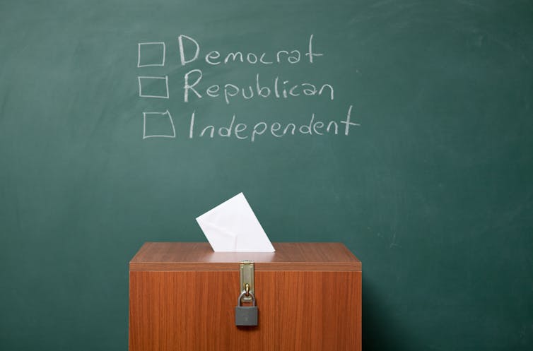 A chalkboard that says 'Democrat,' 'Republican' and 'Independent' with a ballot box underneath.