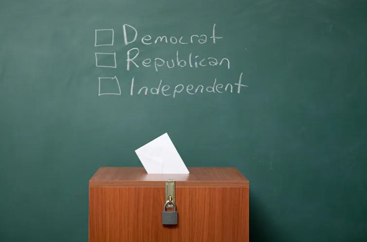 A chalkboard that says 'Democrat,' 'Republican' and 'Independent' with a ballot box underneath.