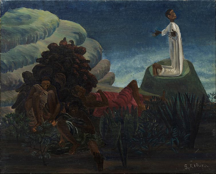 A darkened landscape where a black man in white robes stands on a rock in prayer, his arms outstretched and two men in red traditional African robes sleep under a bush.