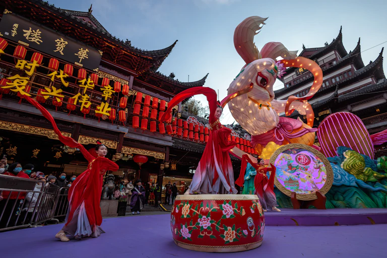 Artists perform at lunar new year celebrations in Shanghai.