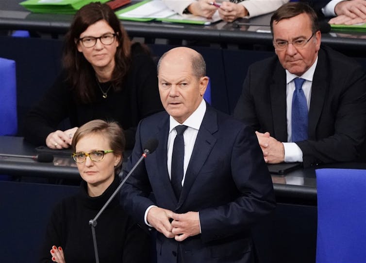 German chancellor Olaf Scholz delivers remarks in the German parliament Bundestag in Berlin, January 2023.