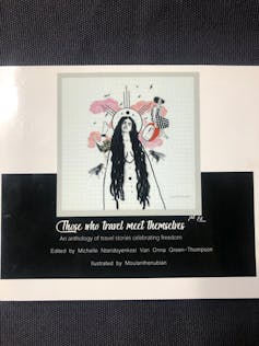 A book cover with an illustration of a woman with long hair and various images of flies, clouds and a woman behind her