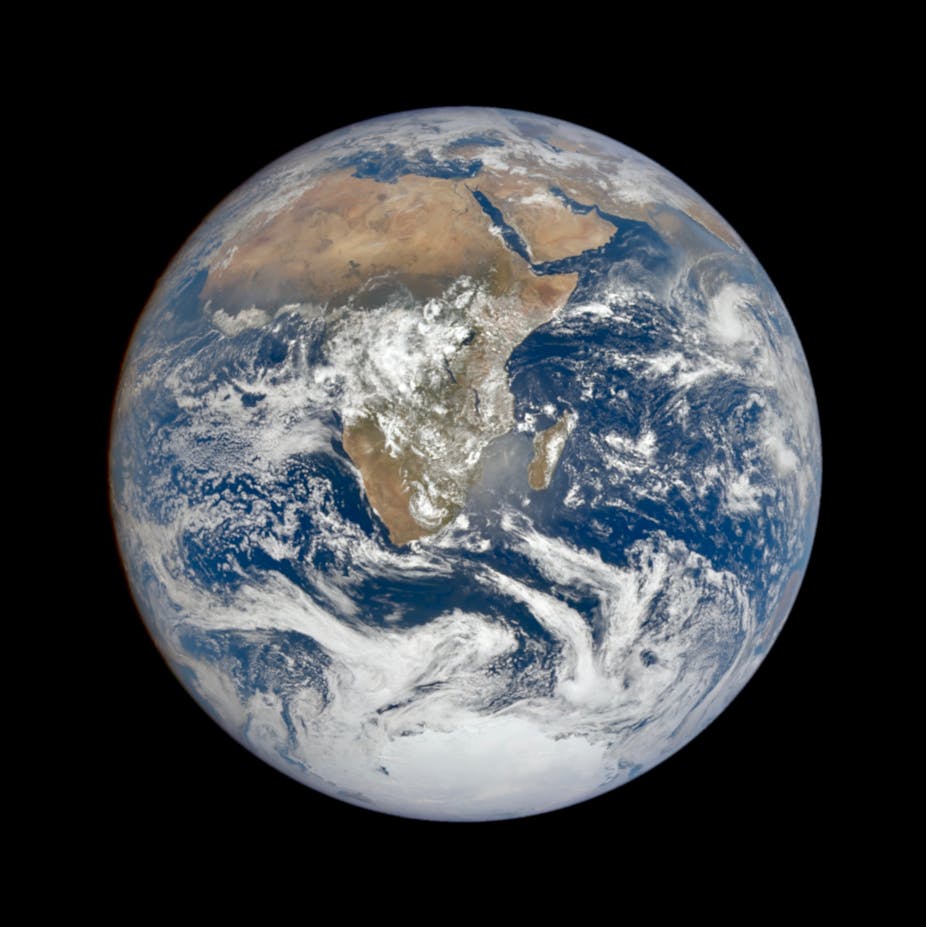 An image of the whole Earth, centred on Africa with Antarctica at the bottom.