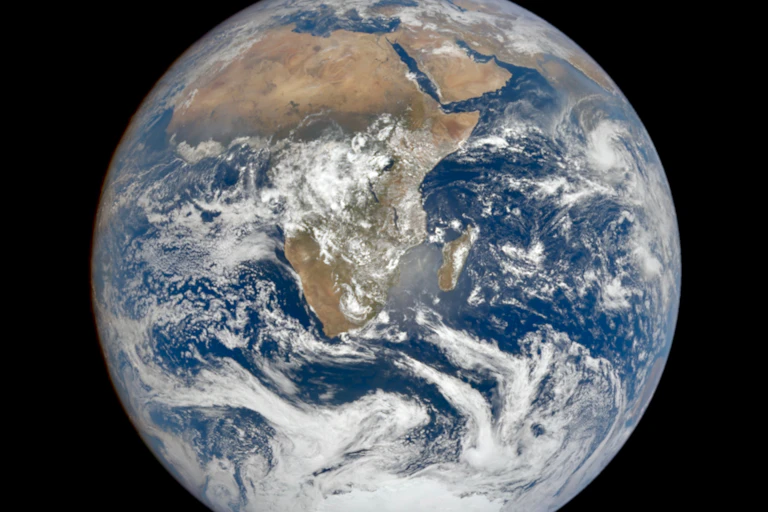 An image of the whole Earth, centred on Africa with Antarctica at the bottom.