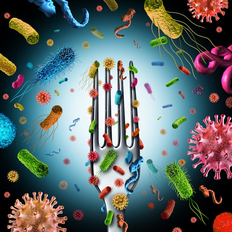 Illustration of fork covered with and surrounded by microbes 