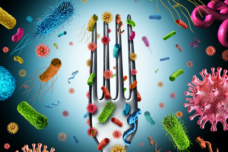 Illustration of fork covered with and surrounded by microbes