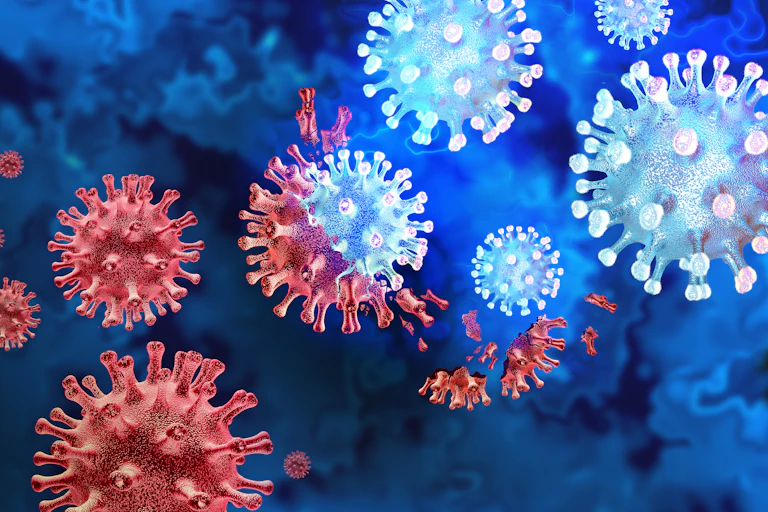 Three-dimensional illustration of the concept of mutating COVID-19 viral particles floating in a liquid environment, with red particles on the left shifting to blue in the center and right.