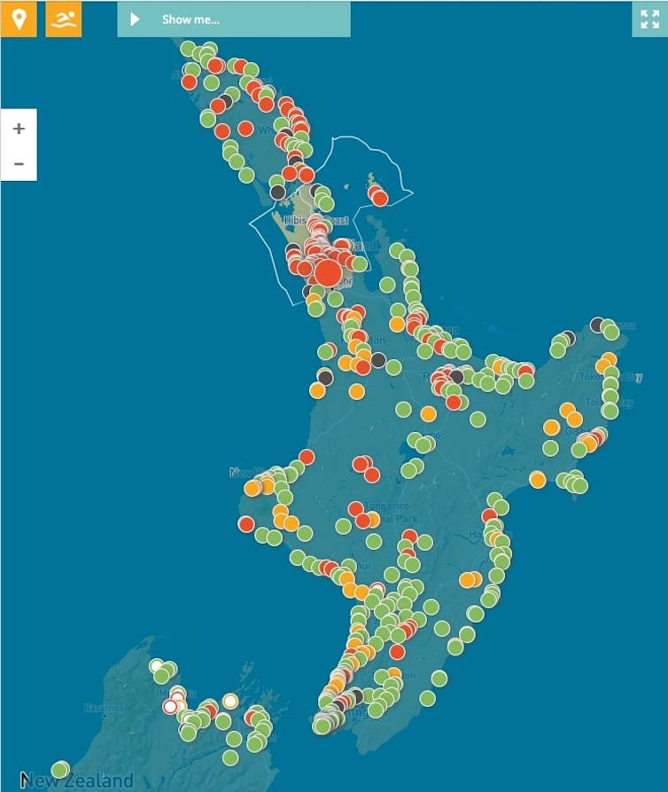 map of NewZealand showing red, orange and green dots