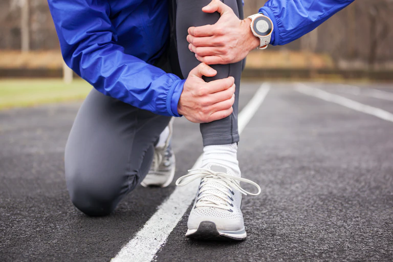 A person in running gear kneels on the ground, holding their shin in pain due to a shin splint.