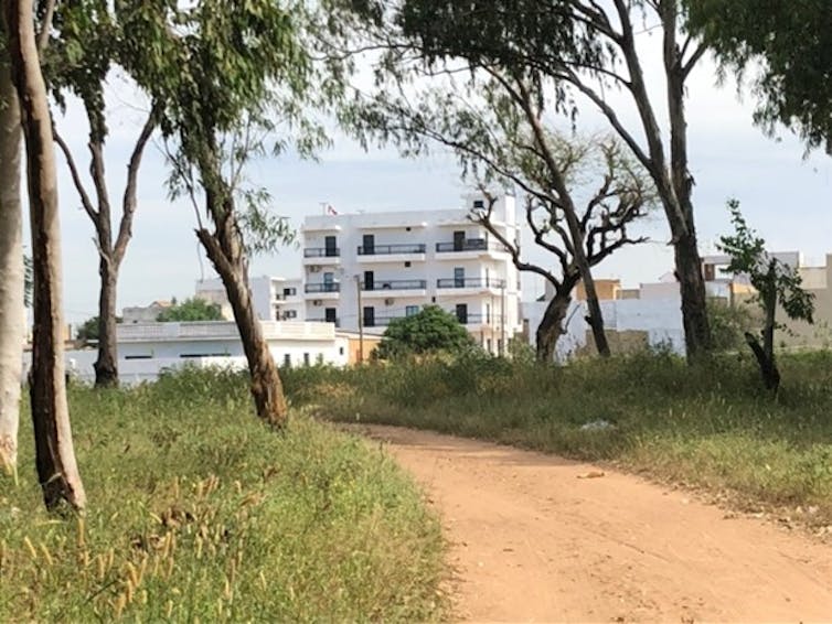 Chemin menant à une villa blanche au bord de la mer au Sénégal