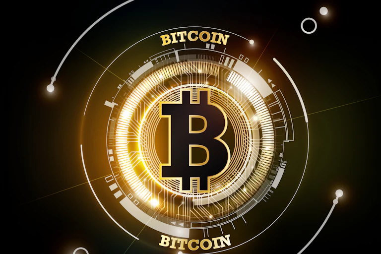 A bitcoin logo in gold