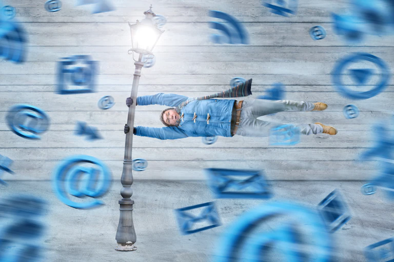 A woman struggles against a flux of information
