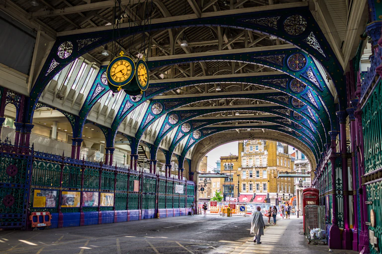 A colourful covered market street.