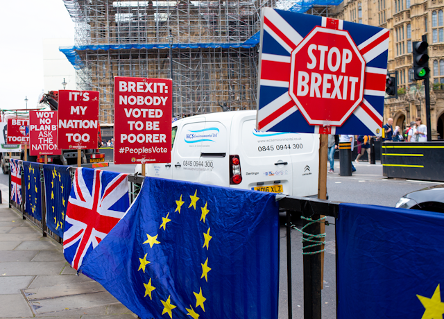 Stop Brexit signs outside the Palace of Westminster.