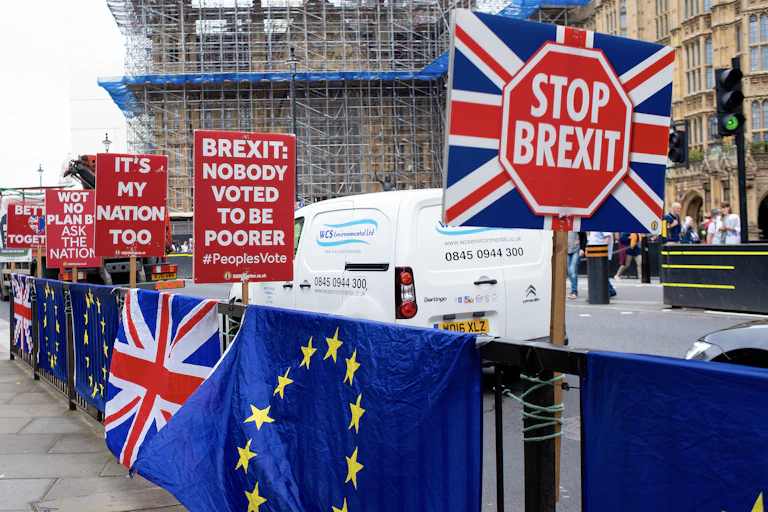 Stop Brexit signs outside the Palace of Westminster.
