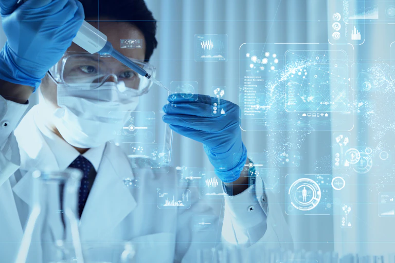 a scientist in a lab coat, mask and goggles drops liquid into a test tube and digital graphics float in the air nearby
